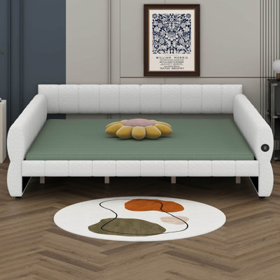 King Size Upholstered Daybed With USB Ports, Lambswool Platform Bed Frame