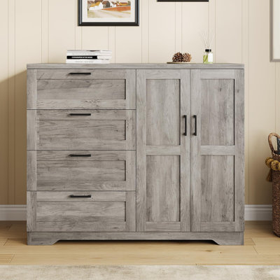 Commode multifonctionnelle en bois pour chambre à coucher, armoire à 2 portes H 43,3 po avec 4 tiroirs et tringle, armoire de rangement basse pour tissu suspendu, gris, 2 colis