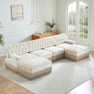 Canapé modulaire 4 places avec 2 repose-pieds en nuage, jupe à pampilles, conception capitonnée, mousse haute résilience à haute densité, conception ergonomique, base en bois de qualité supérieure, pour la chambre à coucher du salon