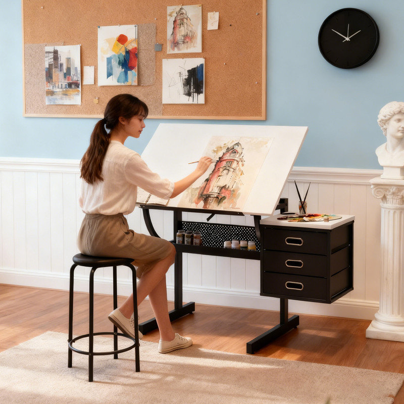 Adjustable Drawing Table With Stool & 3 Storage Drawers, Tilting Craft Desk For Art, Writing And Reading, 35.43" X 23.62" Workstation