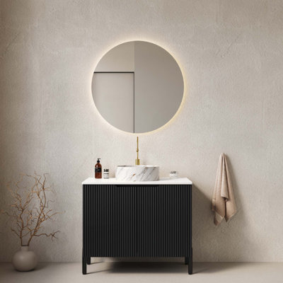 Meuble-lavabo de salle de bain avec lavabo, armoire de rangement autoportante avec 2 portes, lavabo rond en céramique avec motif en pierre et comptoir de Carrare, sans robinet