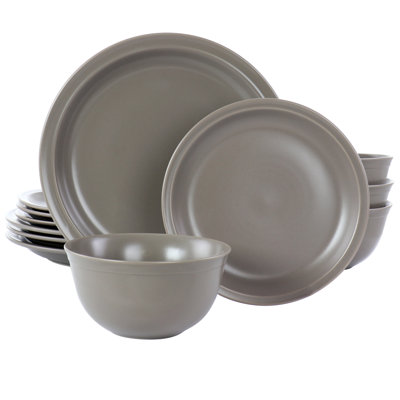 12 Piece Round Stoneware Dinnerware Set in Warm Grey