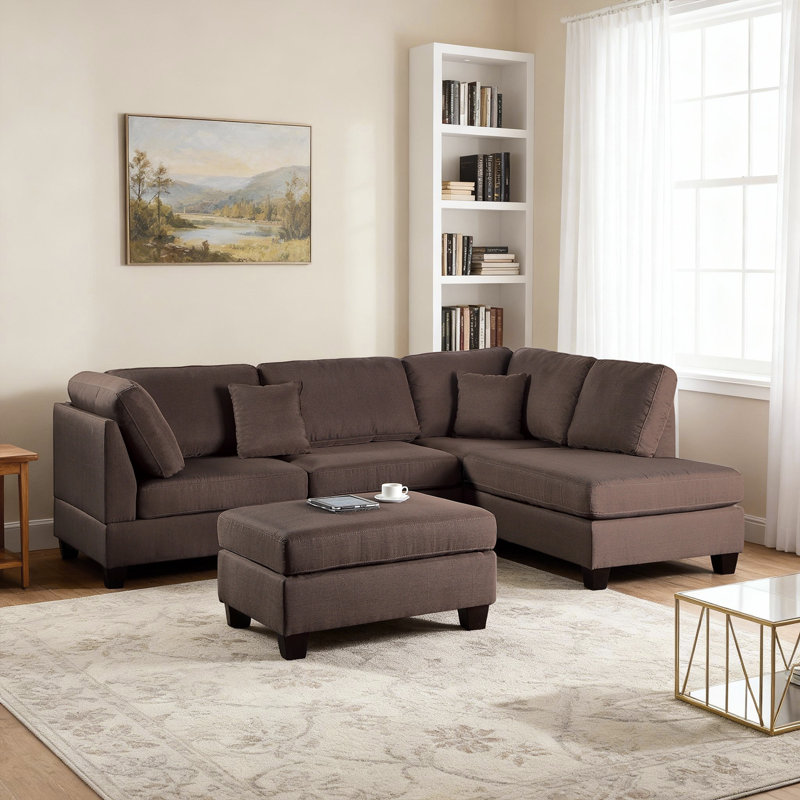 Canapé modulaire réversible en tissu 3 pièces avec repose-pieds, Chocolat