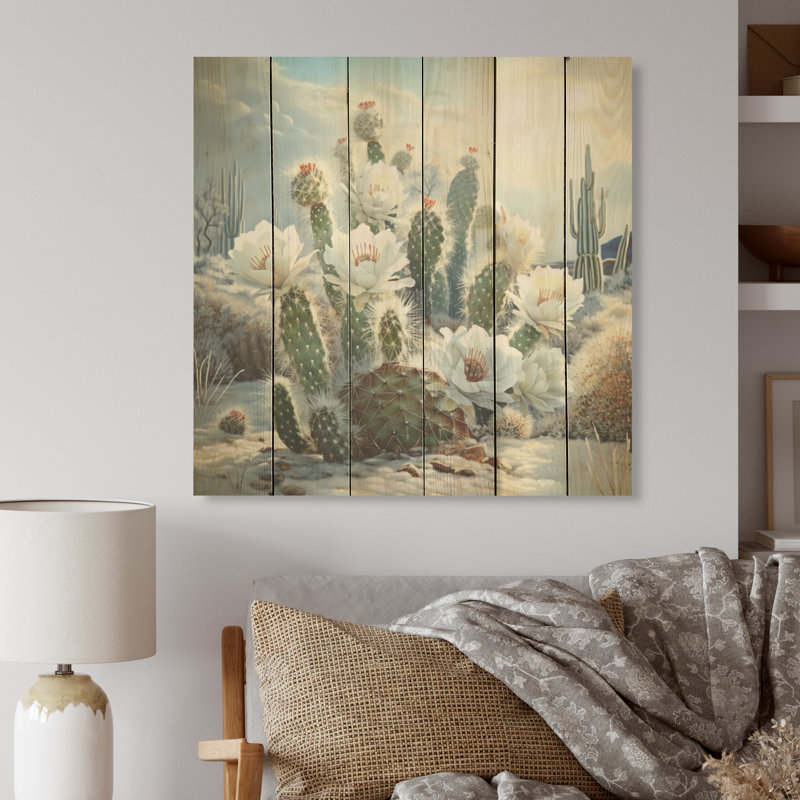 Cactus charme en hiver - Art mural en bois de cactus sur bois de pin naturel, H 15 po x l 15 po