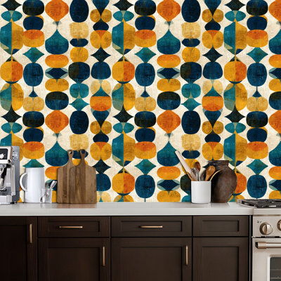 Peel and Stick Wallpaper Retro Mid Century Modern Geometric Blue Orange Yellow Contact Paper Removable Self Adhesive Wall Mural Wall Decor for Bedroom Kitchen Cabinets 17.7in x 118in