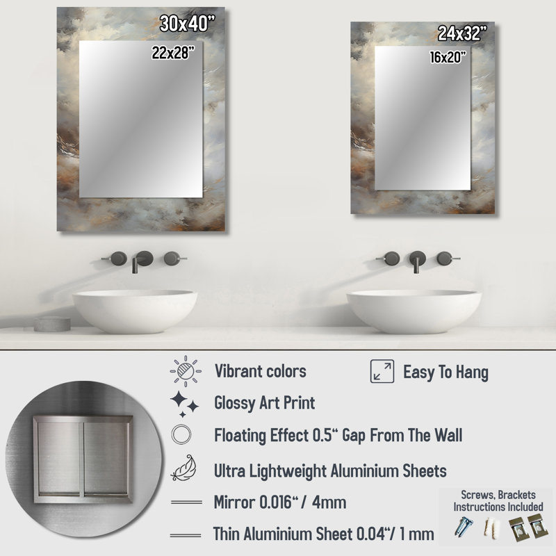 Mystic Grey Clouds Horizon II - Coffee Decorative Mirror, Traditional Wall Mirror, Printed Metal Art, 32" x 24"