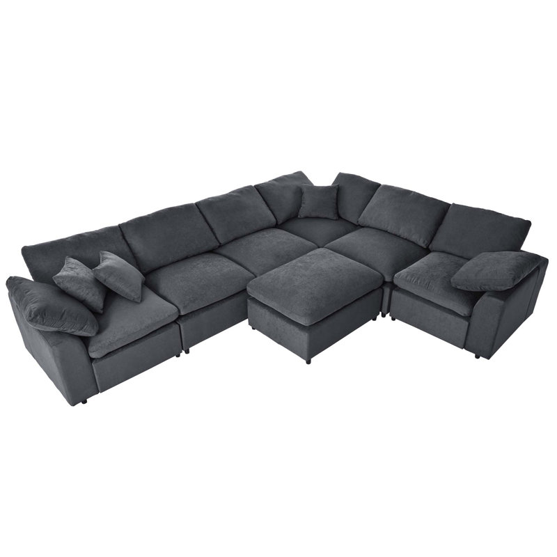 Canapé modulaire extra large de 129 po - Polyester tissé à losanges 7 places, Polyester gris