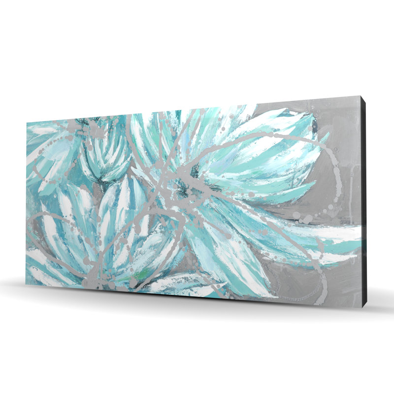 Trois petites fleurs bleues abstraites - art contemporain sur toile, H 24 po x l 48 po