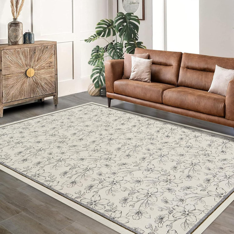  Tapis décoratif lavable floral, antidérapant, à poils courts et doux pour le vestibule, la cuisine, la chambre d'enfant, beige, vert, bleu, lavable à la machine.
