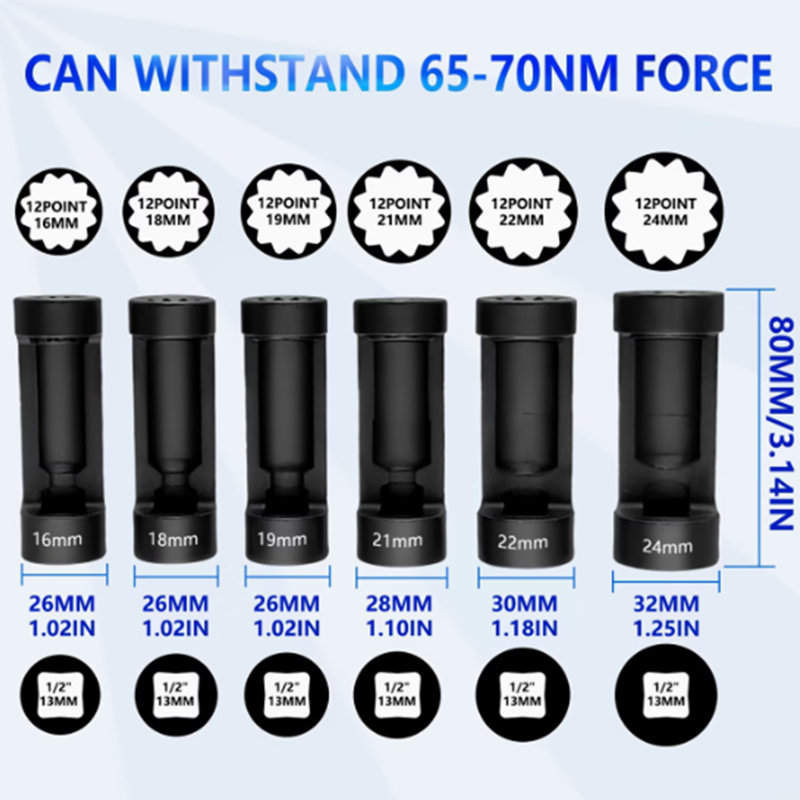 6Pcs Pass Through Strut Socket Set, 12 Point 1/2" Drive Suspension Tool Kit