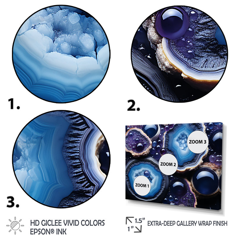 «Blue Stone Geode Volcano», art mural pierre géode, Cadre d'angle fermé noir, H 34 po x l 44 po x P 1,5 po