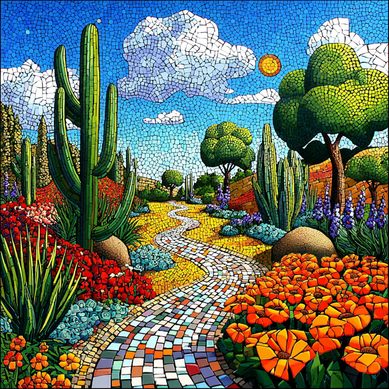 «Path of Blossoms - Mosaic Desert Landscape», art mural sur toile tendue, H 20 po x l 20 po