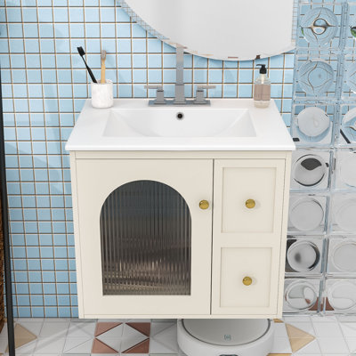 24" Wall-Mounted Bathroom Vanity with Ceramic Sink, Glass Door Cabinet and 2 Drawers