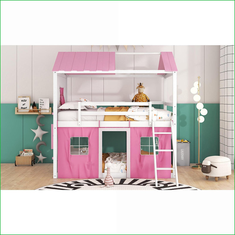 Full Size Pinewood Bunk Bed with Playhouse Design, Pink &amp; White – No Box Spring Needed