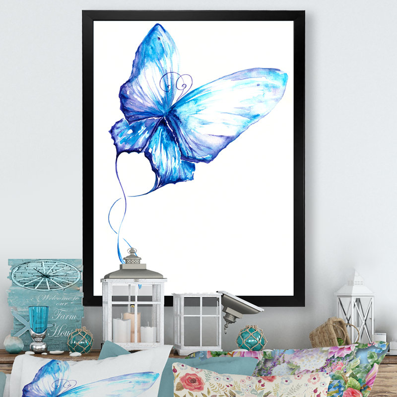 Papillon bleu avec ailes transparentes - reproduction d'art sur toile traditionnelle, Cadre noir, H 20 po x l 12 po x P 1 po