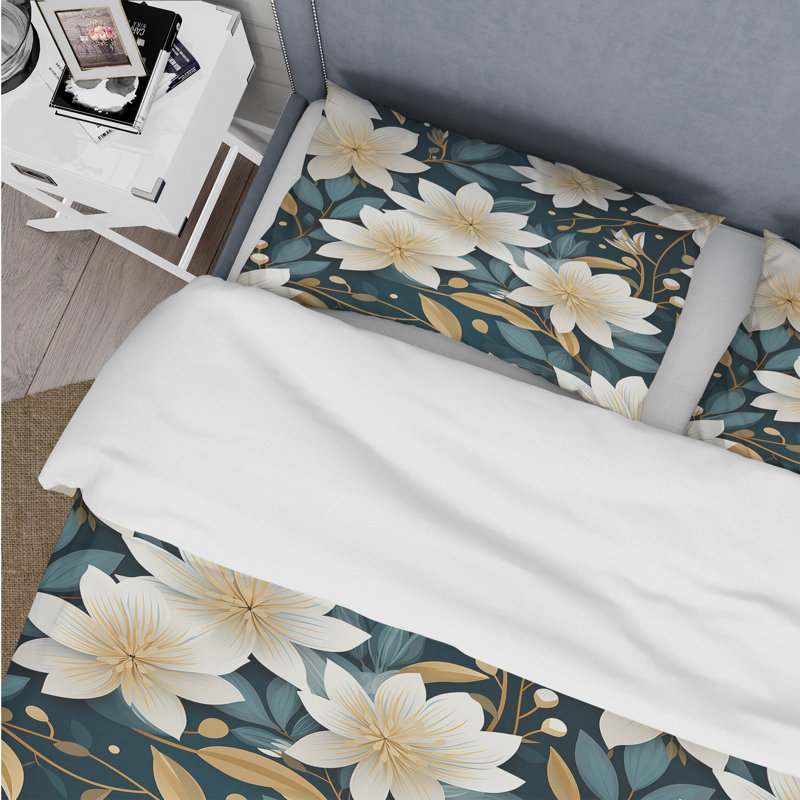 White Zen Floral Lotus Tranquility II - Ensemble de housse de couette à motif floral