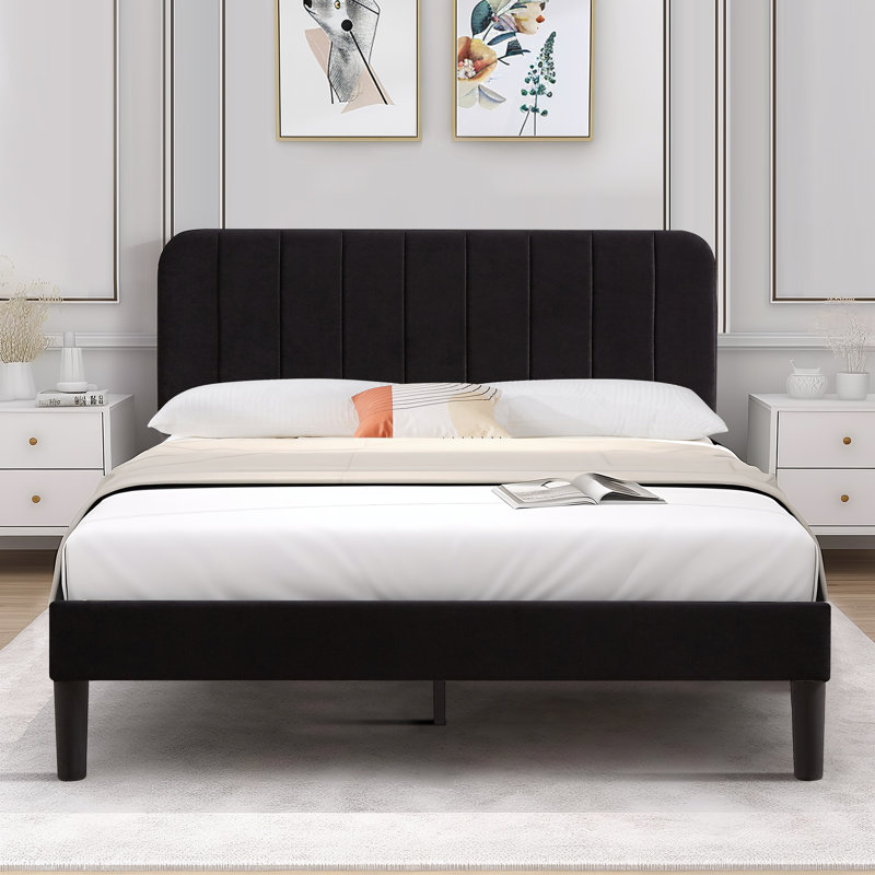Upgraded Velvet Upholstered Platform Bed with Adjustable Headboard, Reinforced & Quiet Design, No Box Spring Needed, Sturdy Wood Slat Support, Easy Assembly
