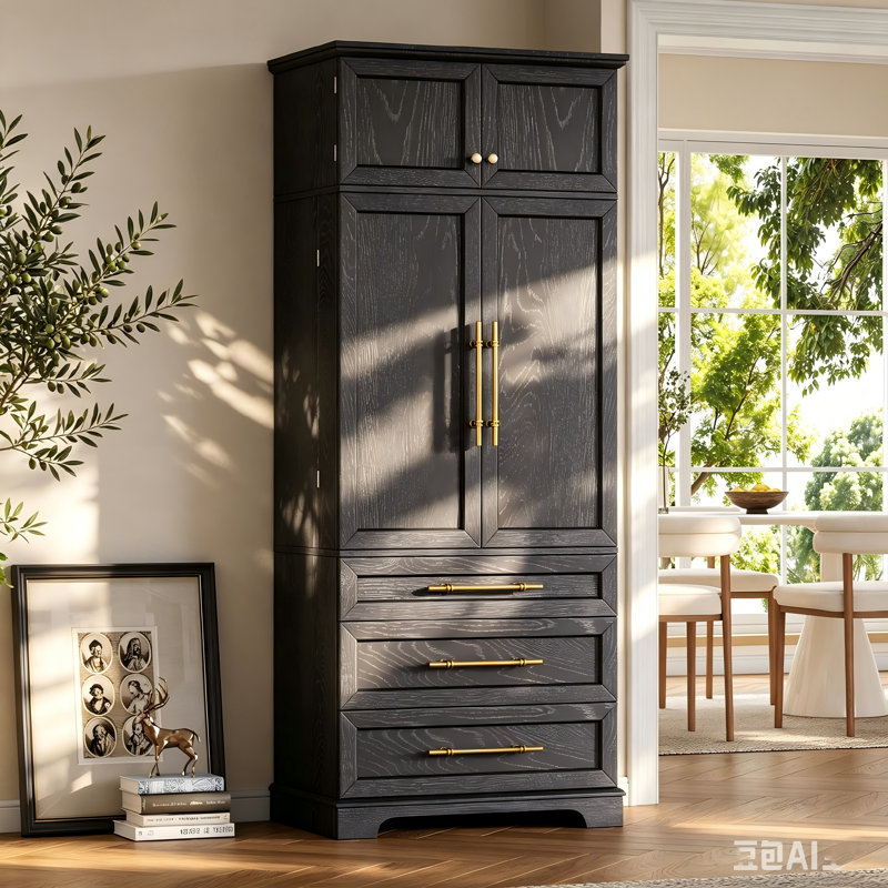 Très grand garde-manger de style campagne moderne 78 po avec 3 grands tiroirs et 8 tablettes de porte, Ash Black