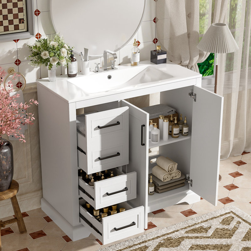Meuble-lavabo avec lavabo en céramique, tablette réglable et 3 tiroirs, Blanc