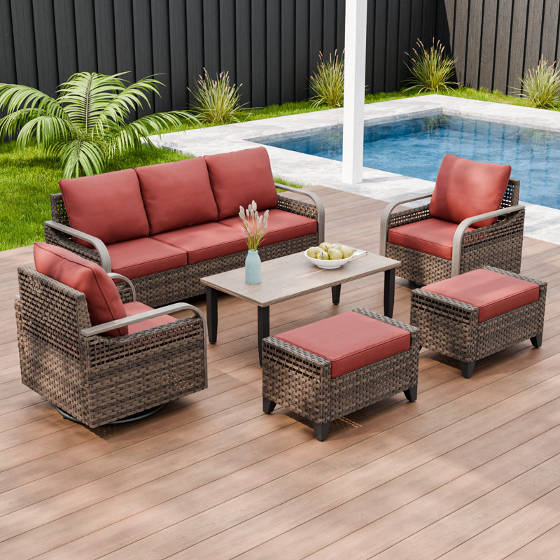 6-Piece Outdoor Patio Brown Wicker Wood Grain Armrest Swivel Glider Chair 3-Seat Sofa Seating Group with Cushion, Ottomans, Coffee Table