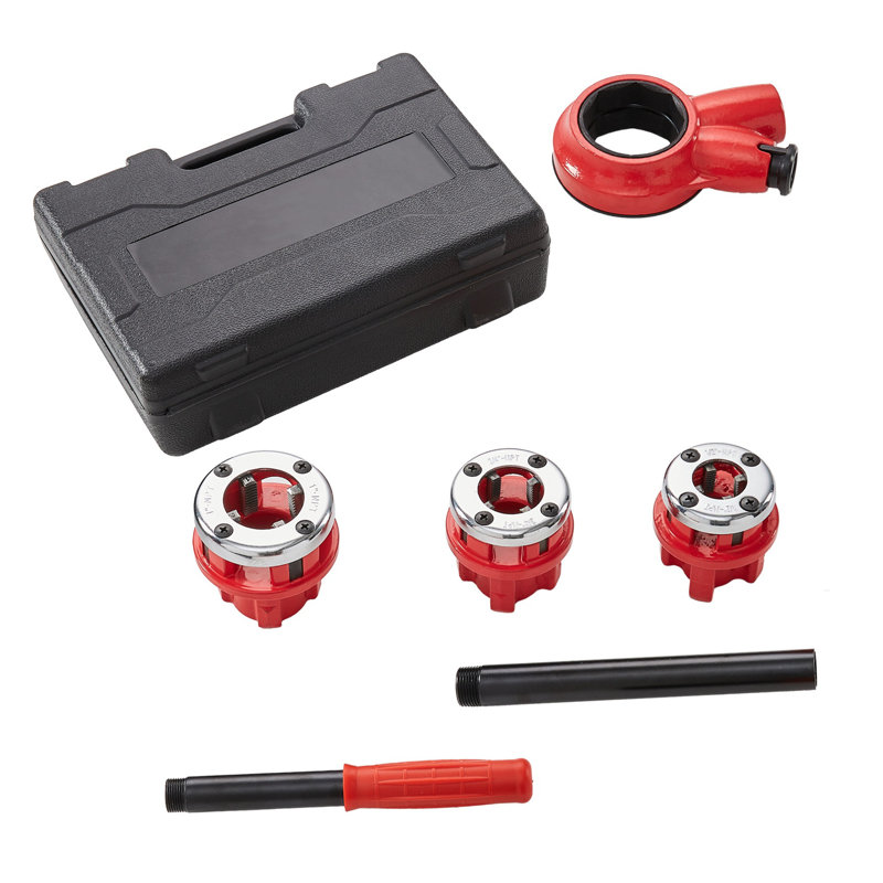 Ensemble d'enfilage de tuyau à cliquet manuel avec 3 filières NPT (1/2 po, 3/4 po, 1 po) de VEVOR - Ensemble d'outils de filetage portatifs robustes pour tuyaux en fer, en cuivre et en aluminium
