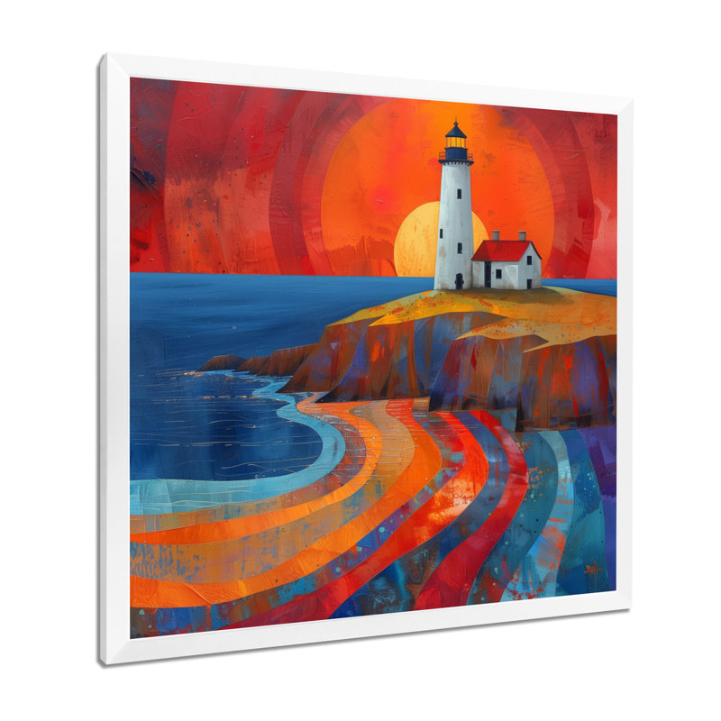Reproduction d'art mural orange, phare côtier bleu, coucher de soleil I, H 16 po x l 16 po x P 1 po, Cadre simple blanc