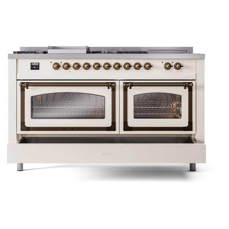 ILVE Nostalgie II Noblesse 60 in Dual Fuel Range 7 Burner, Griddle, Frenchtop, Natural Gas, Antique White/Burnished