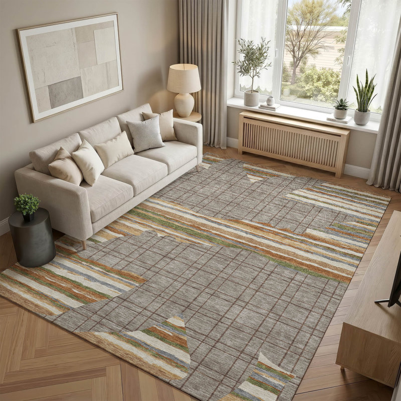 Tapis de qualité supérieure lavable à la machine Prisco AMF2577, Taupe, 9 pi x 12 pi