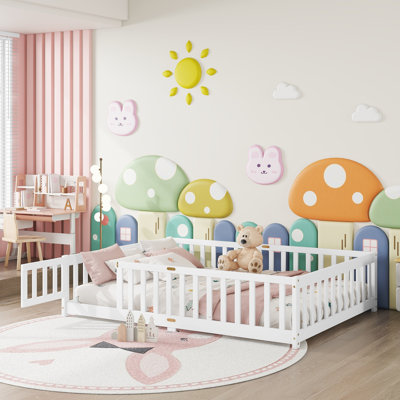  Full Size Floor Bed for Toddler, Solid Wood Floor Bed with Door and Fence Guardrail, Montessori Floor Bed for Boys, Girls, White