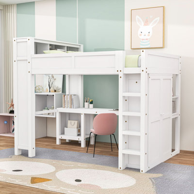 Multi-Functional Queen Size Loft Bed with Built-in Desk, Wardrobe and Storage Shelf