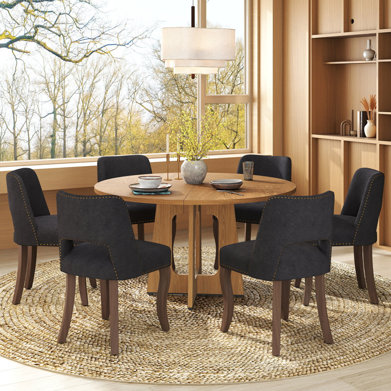 Ensemble de table ronde 47 po avec chaises 4/6 rembourrées, finition chêne / noyer / marbre pour la cuisine de la salle à manger
