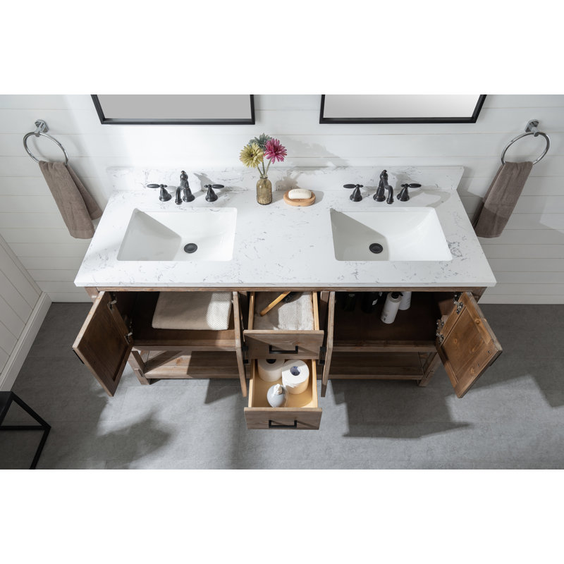 Ensemble de meuble-lavabo double 60 po avec plateau en pierre reconstituée Marissa, Épinette brune