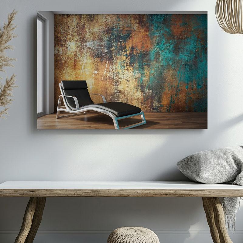 Toile, "A Modern Interior Scene", avec une élégante chaise longue minimaliste en cuir noir avec accents chromés