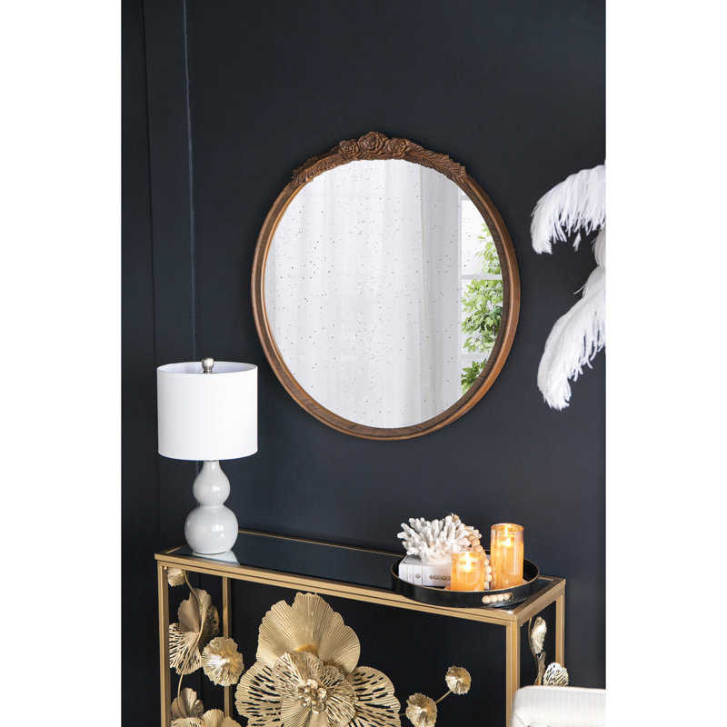 Antique Style Round Mirror With Charming Rose Detailing For Bathroom, Entryway & Home  brown Exquisite Carvings