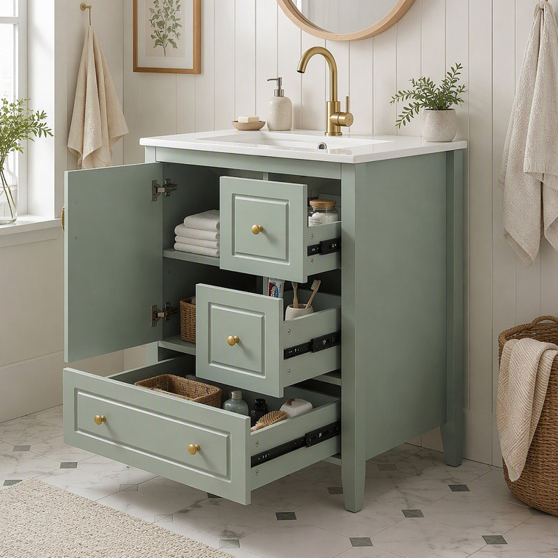 Meuble-lavabo de 24 po avec lavabo, une armoire avec porte à fermeture en douceur, 3 tiroirs à fermeture en douceur, poignées en métal rétro