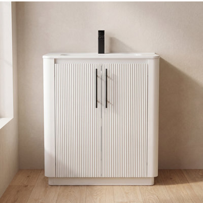30" Freestanding Bathroom Vanity with Ceramic Sink, Fluted Doors and Rounded Corners