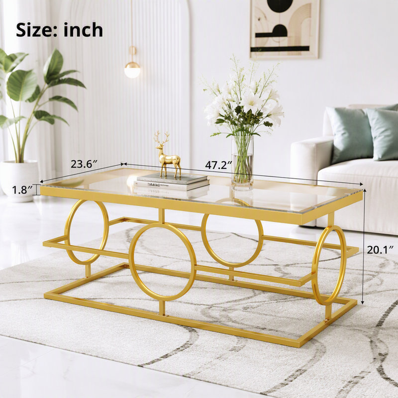 Table basse moderne en verre doré avec piètement géométrique, 37.71 lbs, Transparent
