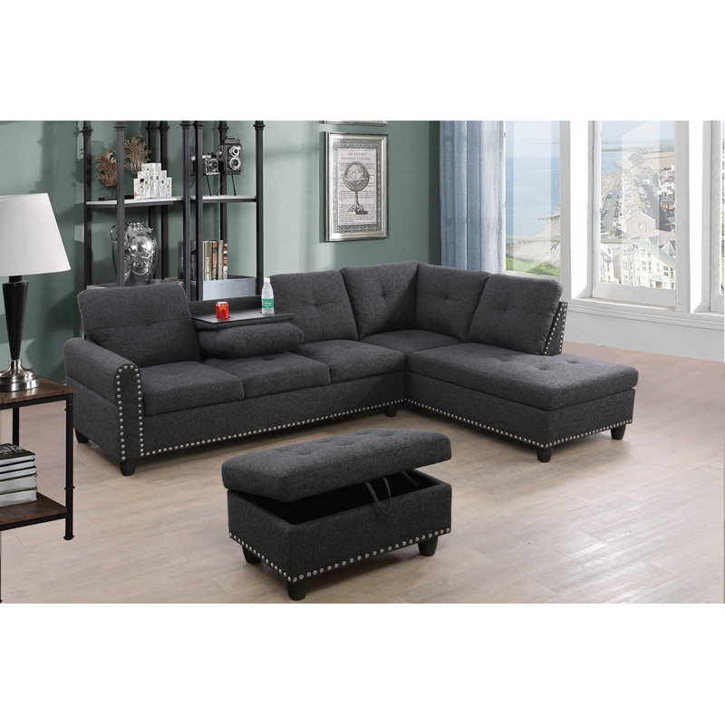 Ahuva Upholstered Sectional Left Hand Facing, Right Hand Facing, Dark Gray Linen Blend