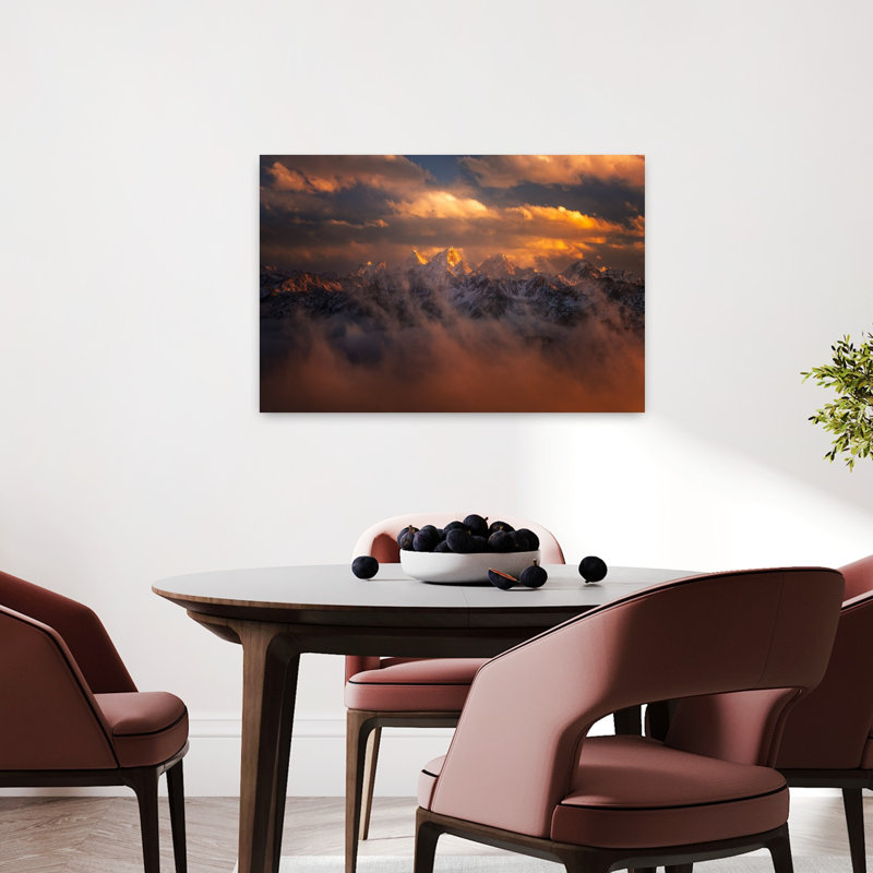 Golden Mountain Peaks Dramatic Serene Tranquil Landscape Mountain Wall Art Print 1 Piece Wrapped Canvas Wall Art