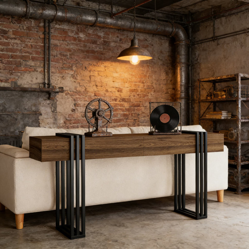 Console industrielle pour le vestibule et derrière le canapé industriel, table de canapé en bois rustique et en métal de 63 pouces avec structure en fer robuste et espace de rangement