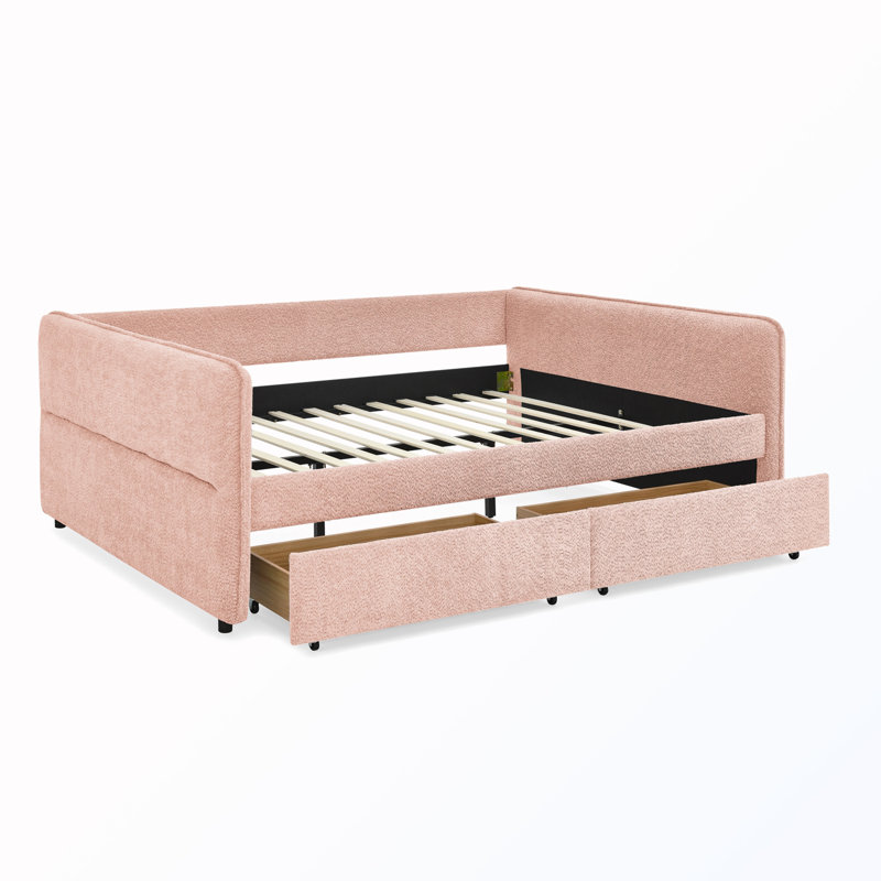 Queen Size Upholstered Daybed With 2 Drawers, Pink