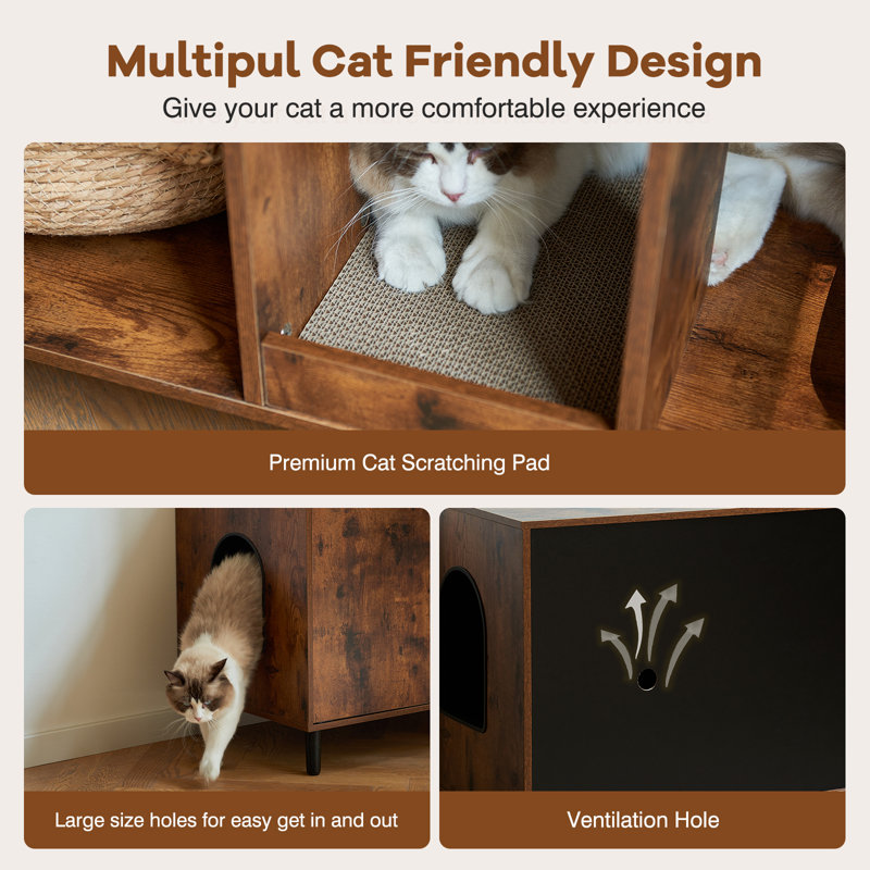 Corvese 42.5" W Manufactured Wood Double Cat Litter Box Enclosure with Scratching Pad, Rustic Brown