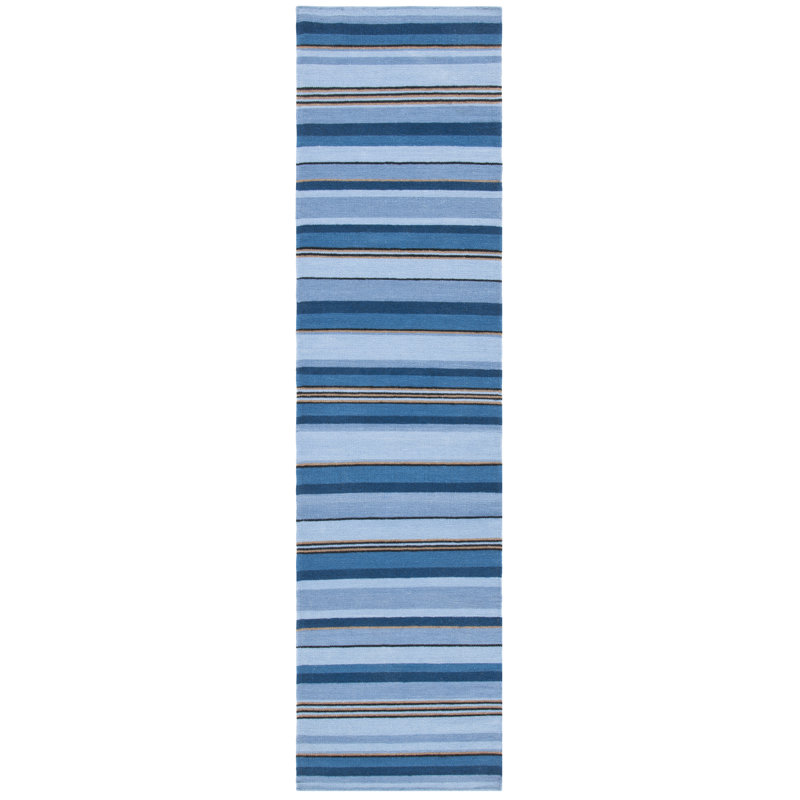 Georgeanna Hand Loomed Wool/Cotton Striped Rug in Blue, Runner 2'3" x 9'