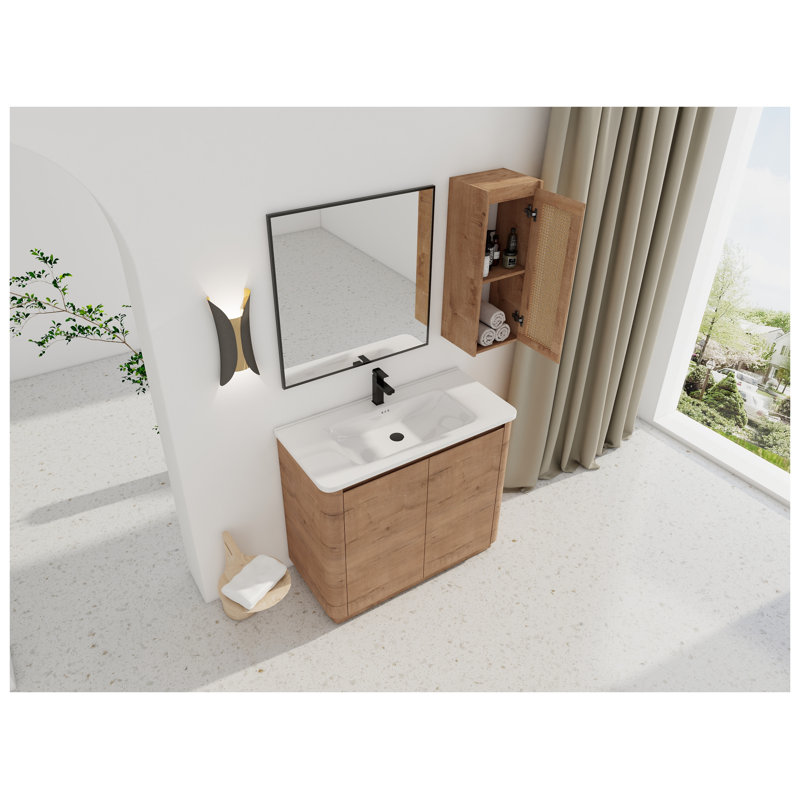 Meuble-lavabo autoportant de 40 po avec lavabo en céramique et deux tiroirs à fermeture en douceur, finition imitation chêne
