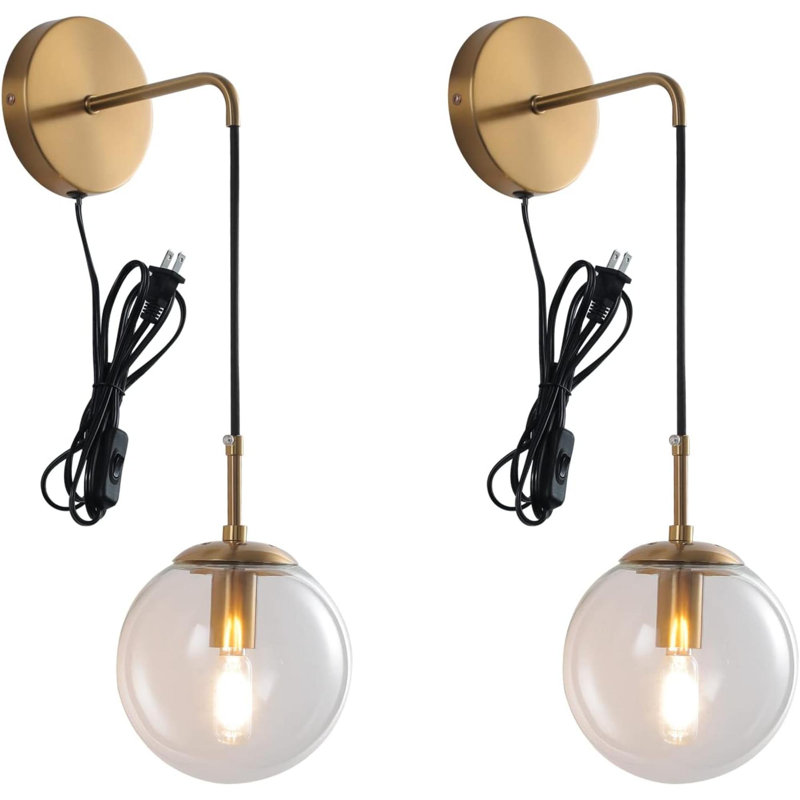 Wall Sconces Set Of Two Plug In Wall Sconces Brushed Brass Gold Wall Lamp With Cord Wall Sconce Plug In With Globe Clear Glass Shade Plug In Wall Sconces Set Of 2 Plug In Wall Light Sconce