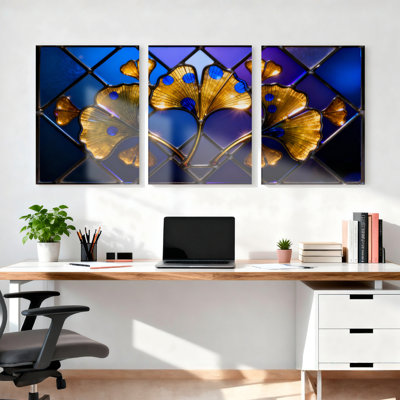 Stained Glass Ginkgo Leaf Pattern Canvas Wrapped Wall Art Oil Painting Print Set of 3