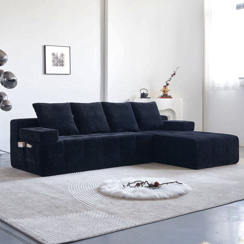 Canapé modulaire en L de style moderne avec poches latérales, dispositif de charge sans fil, deux ports de chargement USB, un porte-gobelet, haut-parleur Bluetooth, méridienne réversible, matériau en chenille, couleur noire