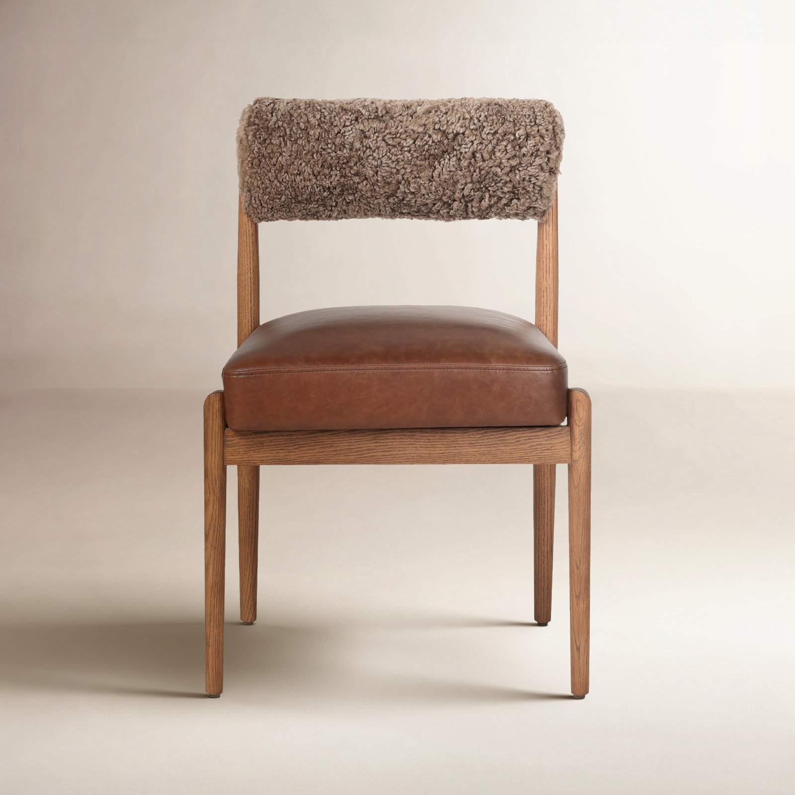 Nonie Genuine Leather Oak Dining Chair, Havana Brown Teddy Fabric