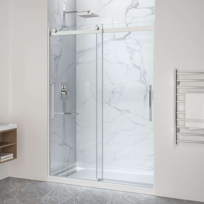 Stellar Series 76 po X 45-48 po. Porte de douche coulissante sans cadre en chrome poli avec base de douche en alcôve à drain à gauche