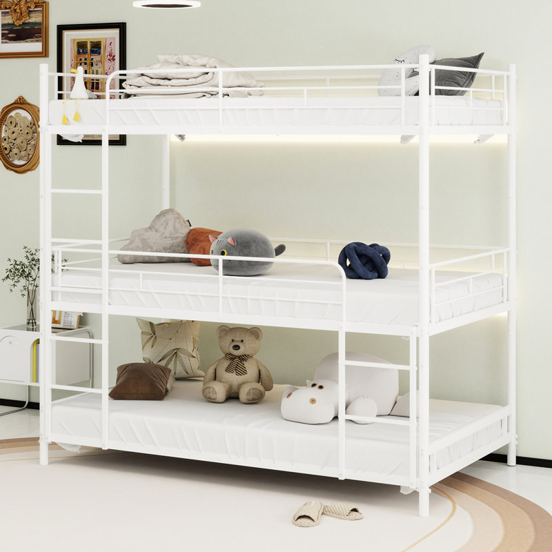 Structure de lit simple triple robuste avec rampe intégrée et pleine longueur, pour dortoir de chambre à coucher, blanc, sans ressorts, fer à repasser, caractéristiques d'assemblage simple,